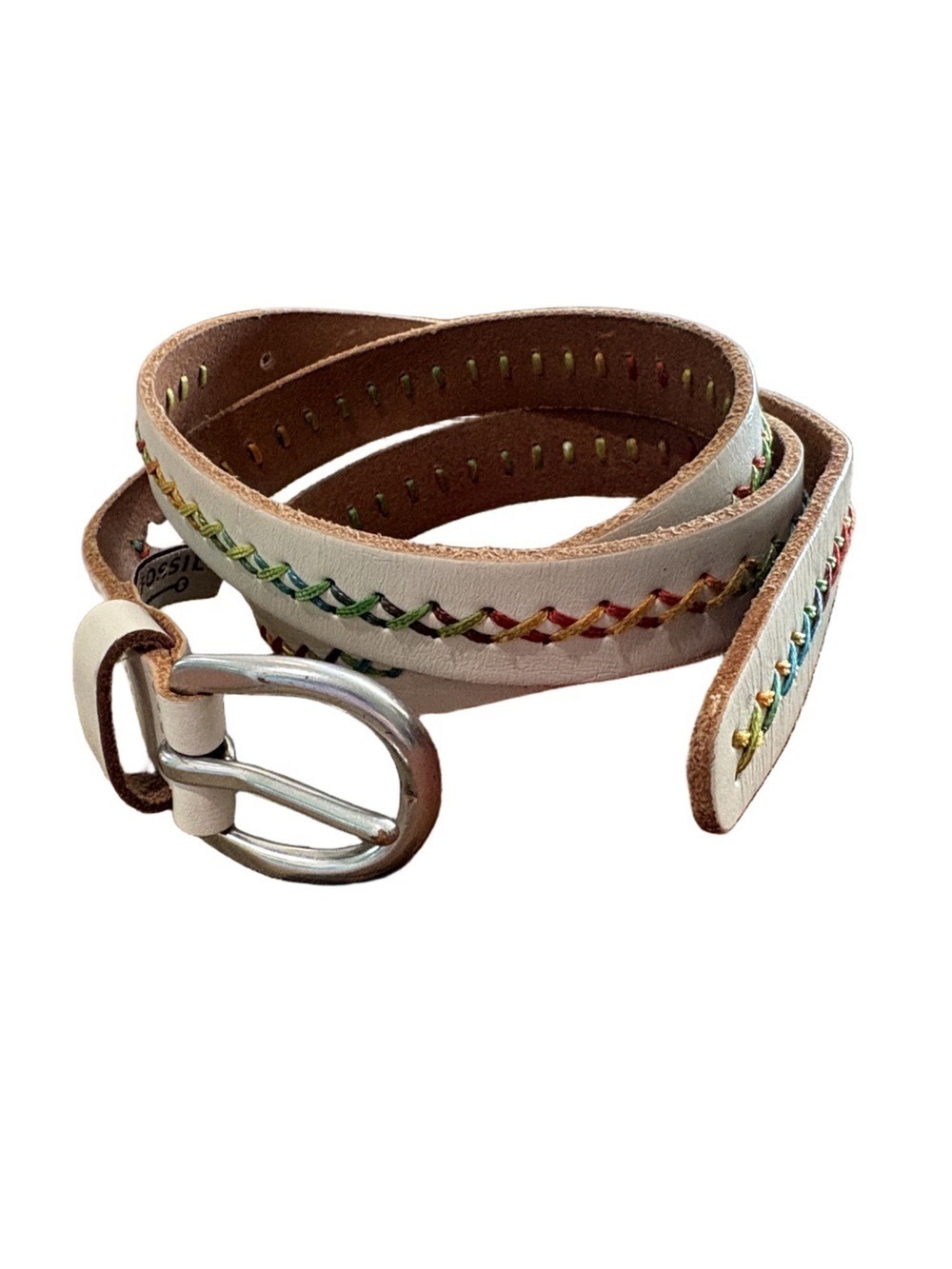 Fossil ivory colored Leather Belt Sz M Multicolor cross stitch accents. 1” wide